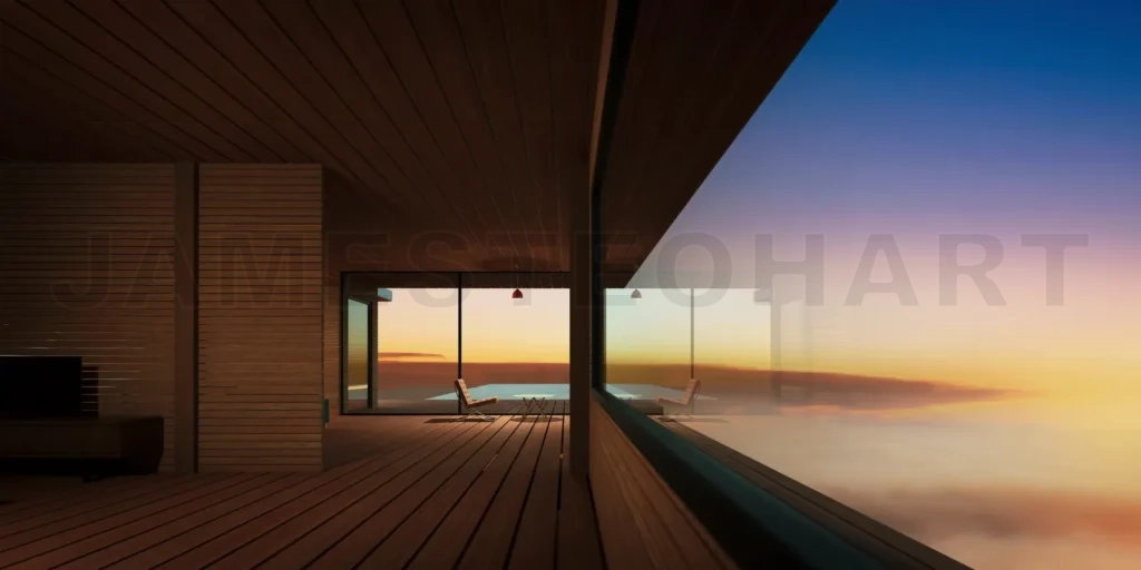 
Modern wooden house interior with relax chair and tea table.