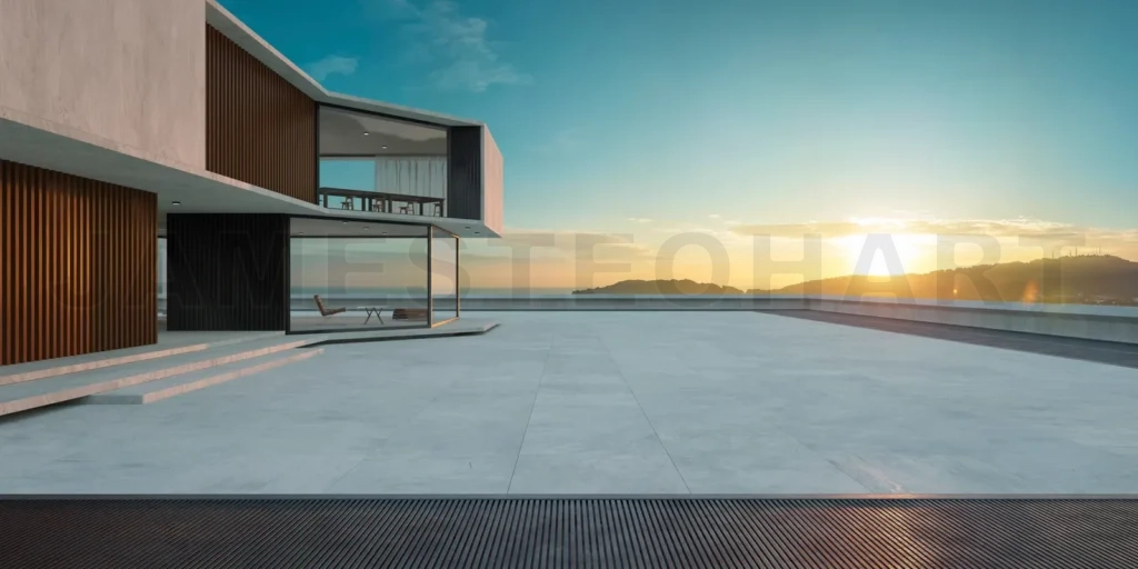 
Empty cement floor with steel and modern building exterior. 3d