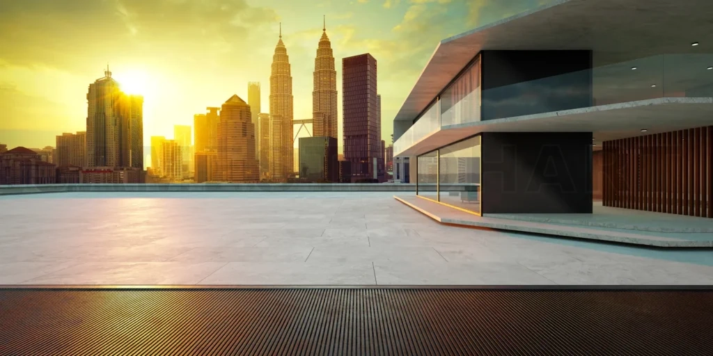 
Empty cement floor with modern building exterior. 3d