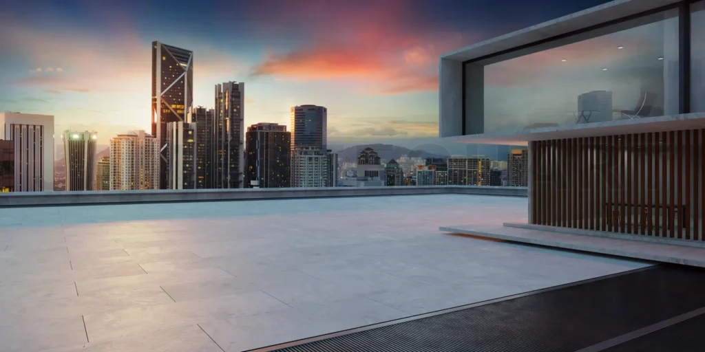 
Empty cement floor with modern building exterior. 3d