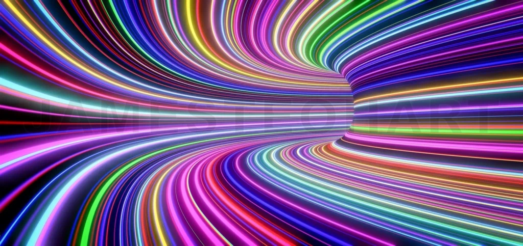 
Abstract self-luminous colored  lines move fast in the tunnel. 3