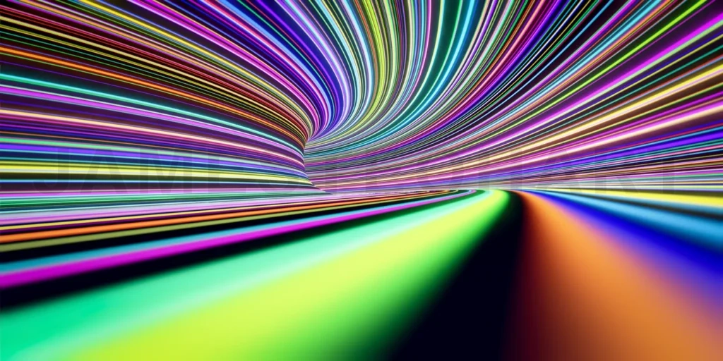 
Abstract self-luminous colored  lines move fast in the tunnel. 3