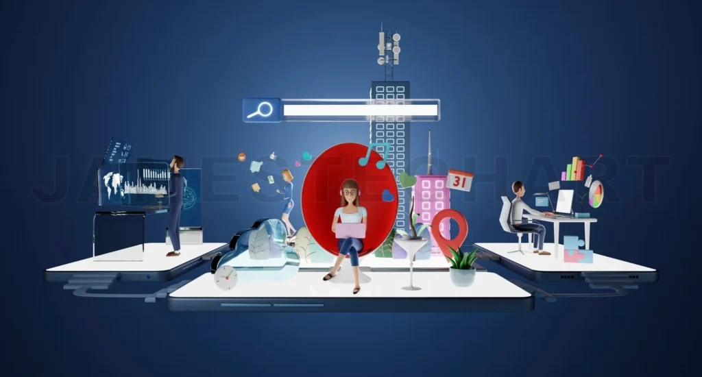 
Business people characters working in virtual office with smart