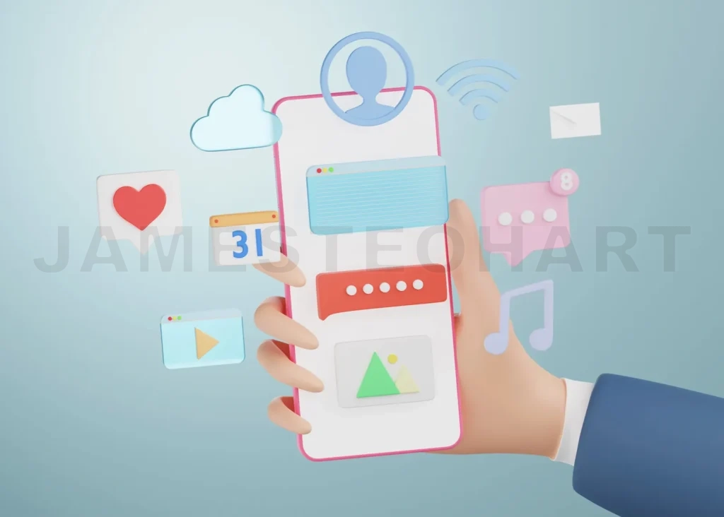 
Cartoon hand holding smartphone with social media app icon