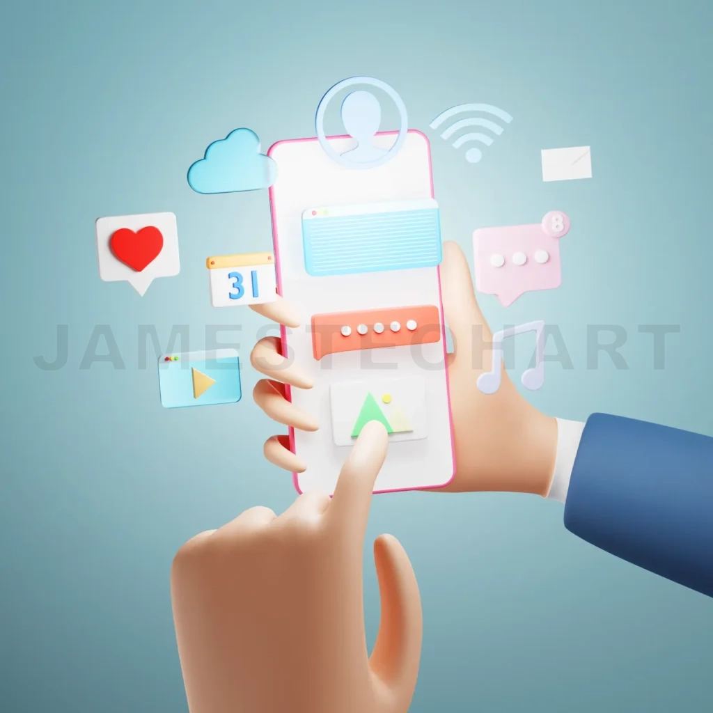 
Cartoon hand using smartphone with social media app icon