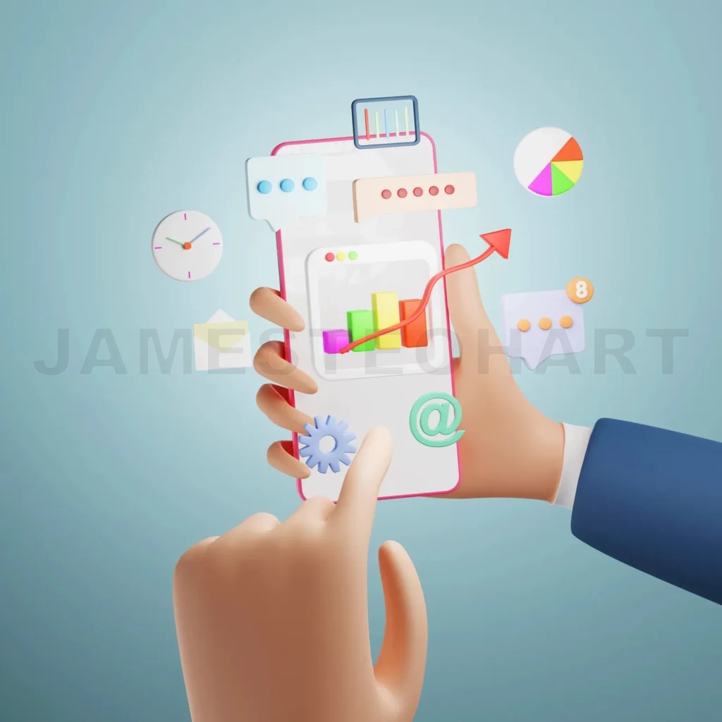 
Cartoon hand using smartphone with business markeing app icon