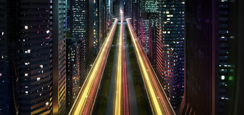 
Spectacular modern city at night with light trails