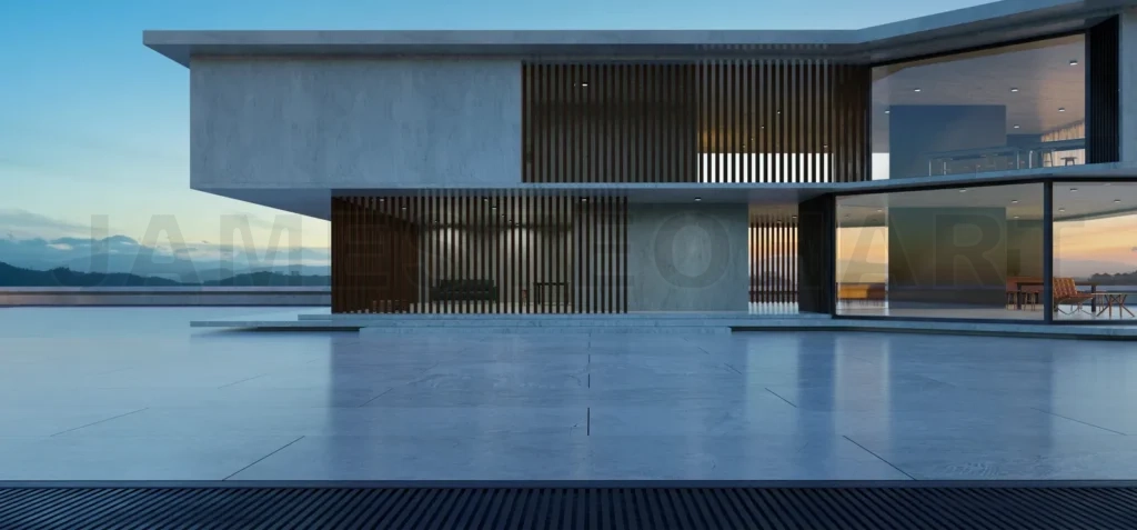 
Empty cement floor with steel and modern building exterior