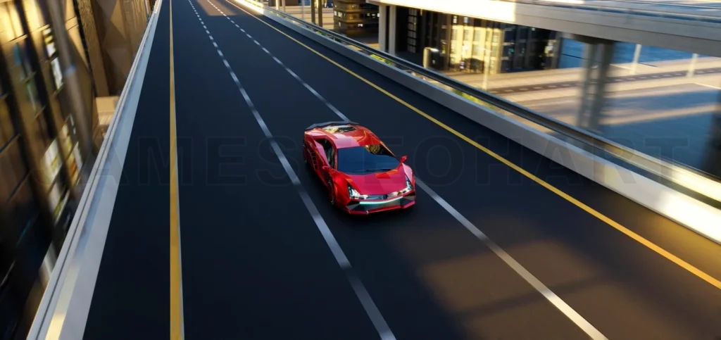 
Unbrand red sport car driving fast on the high speed overpass ro