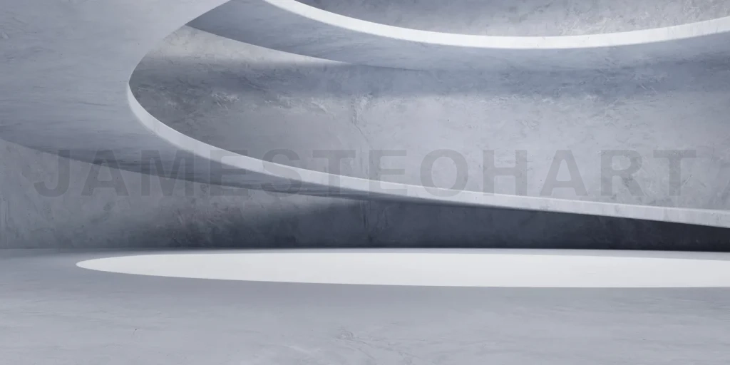 
3D concrete wall and floor background with spiral staircase stru