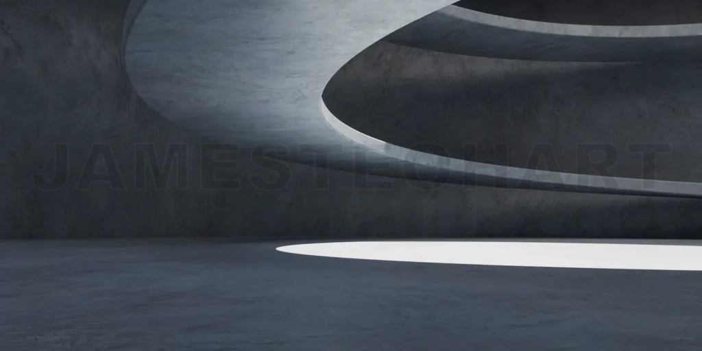 
3D concrete wall and floor background with spiral staircase stru