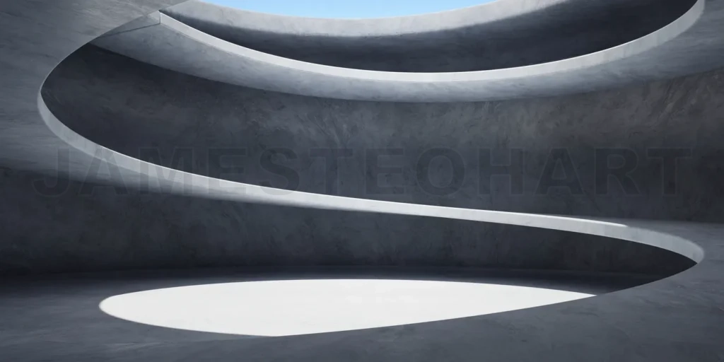 
3D concrete wall and floor background with spiral staircase stru