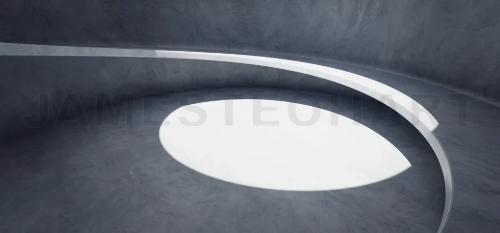 
3D concrete wall and floor background with spiral staircase stru