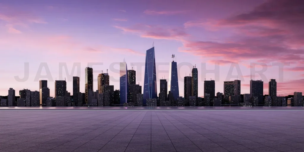 
Panoramic view of empty concrete tiles floor with city skyline.