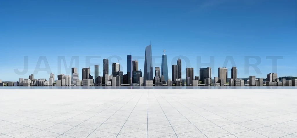 
Panoramic view of empty concrete tiles floor with city skyline.