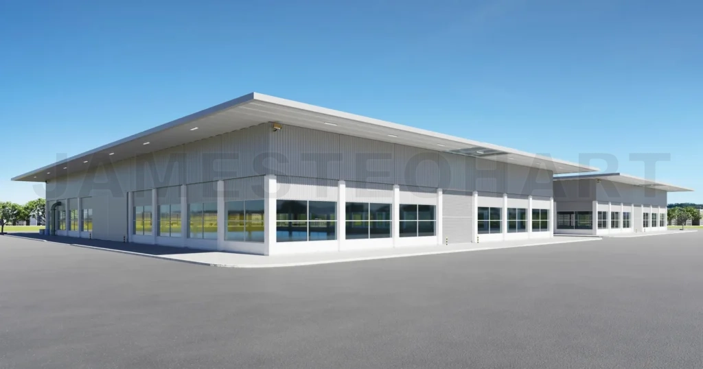 
Modern new factory building with empty asphalt floor