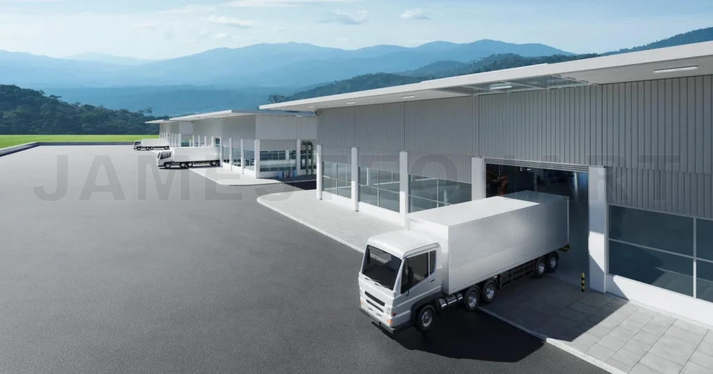 
Freight trucks park in the warehouse