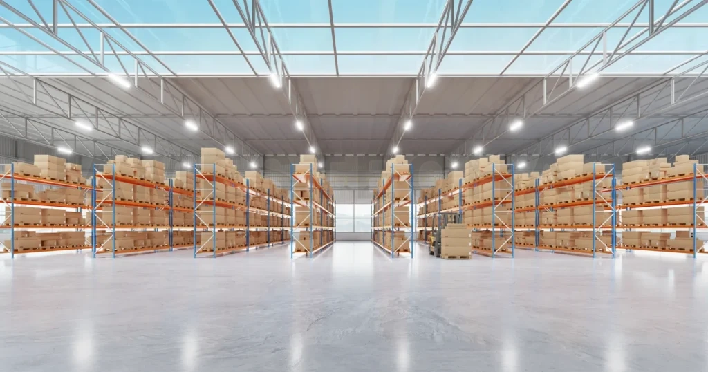
Panoramic view of warehouse with high shelves and goods