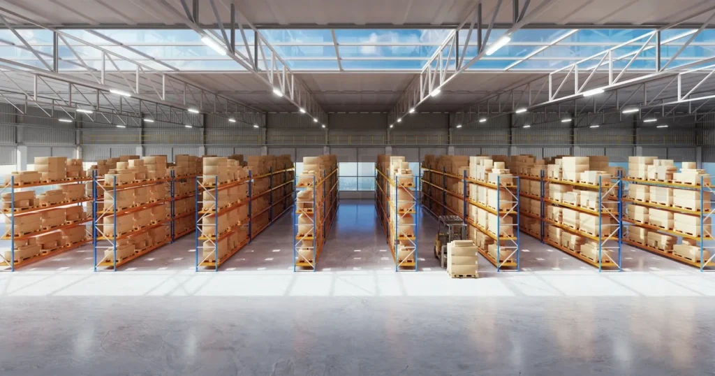 
Panoramic view of warehouse with high shelves and goods