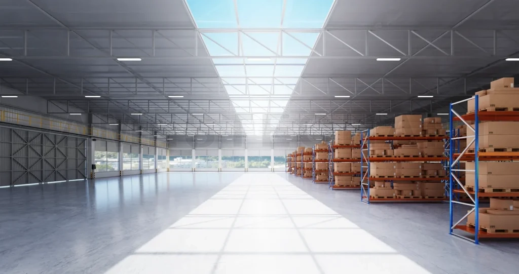 
Warehouse with high shelves and goods