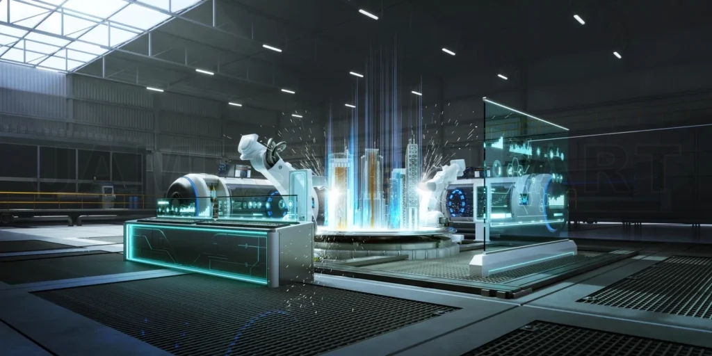 
Futuristic factory or workshop with assembly robot arms and virt