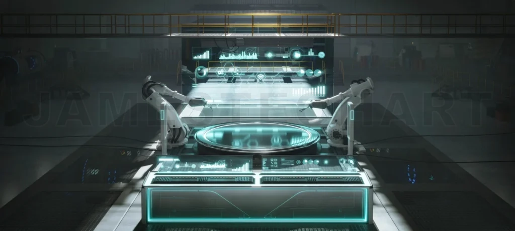 
Futuristic factory or workshop with assembly robot arms and virt