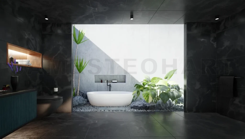 
Luuxury style bathroom interior with black marble and white ceme