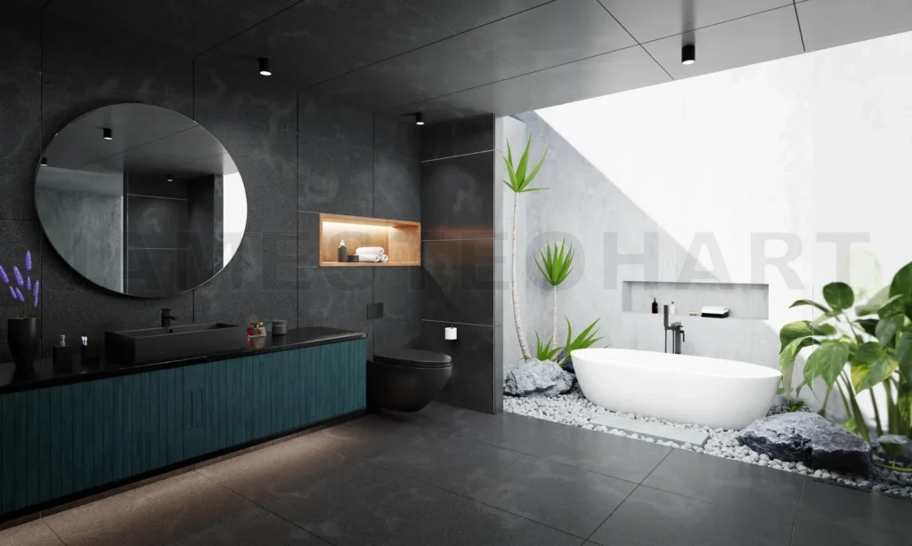 
Luuxury style bathroom interior with black marble and white ceme