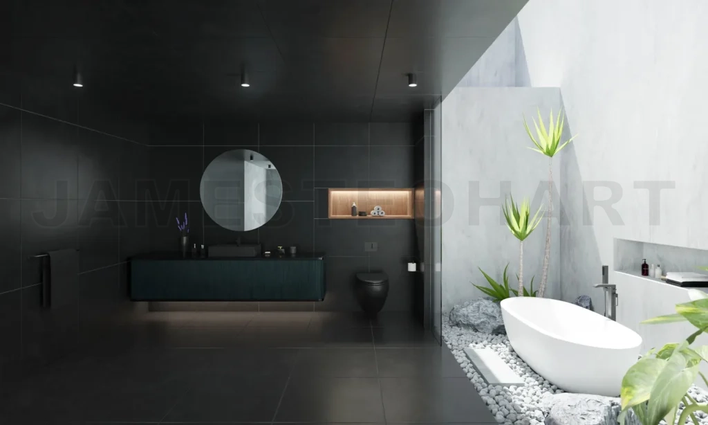 
Luuxury style bathroom interior with black marble and white ceme