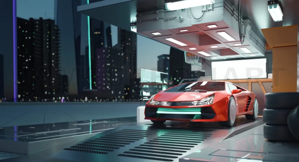 
Generic concept red sport car in the futuristic garage