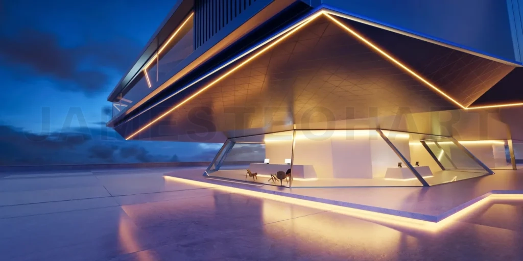 
Perspective view of empty cement floor with steel and glass mode