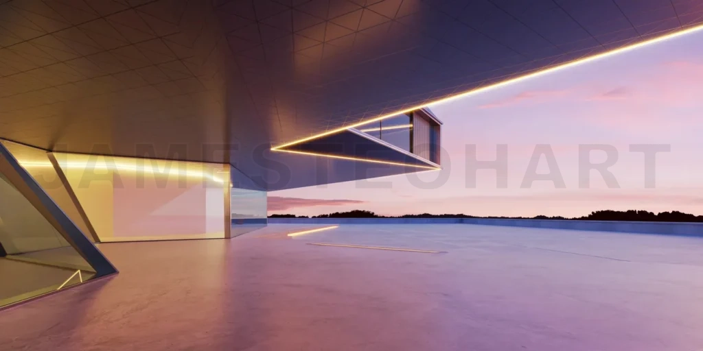 
Perspective view of empty cement floor with steel and glass mode