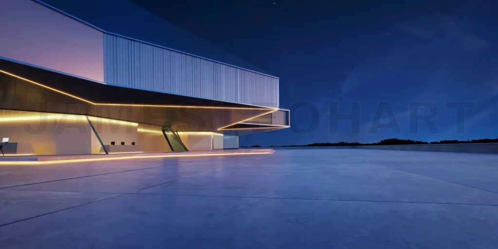 
Horizontal view of empty cement floor with steel and glass moder