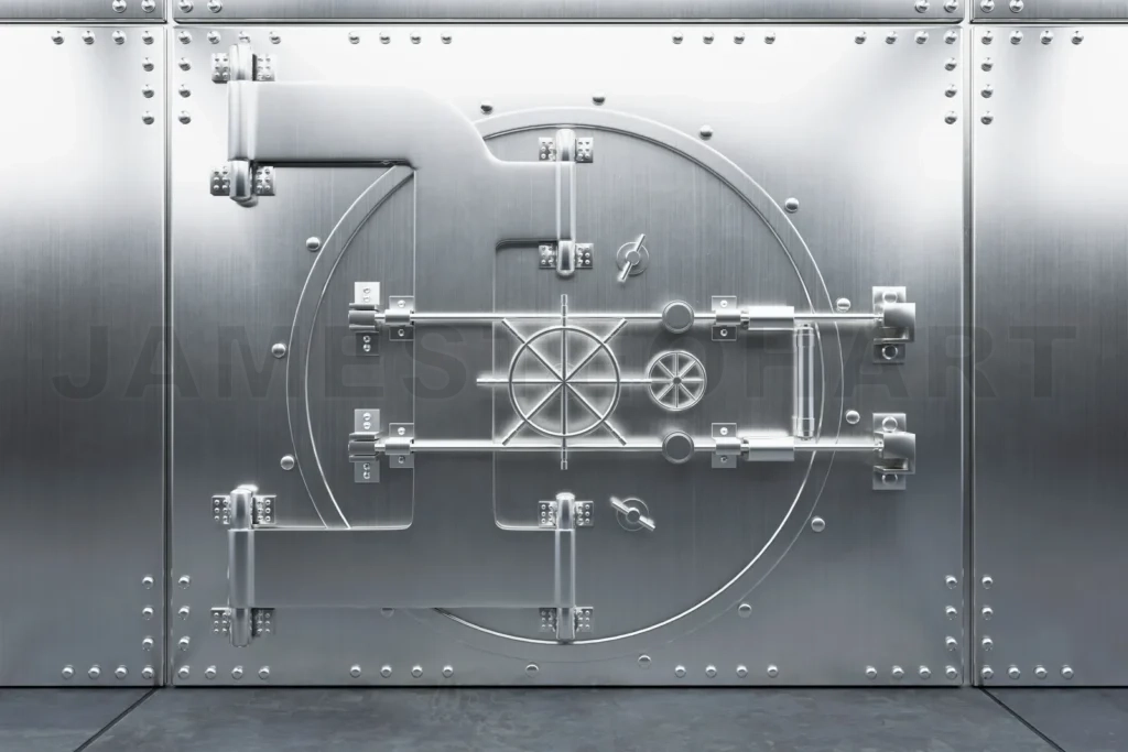 
Front view of silver metal round vault door