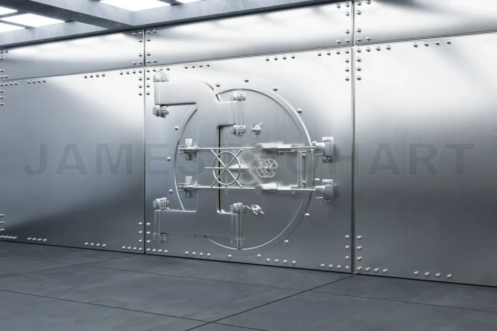 
Side view of silver sturdy metal Bank vault door