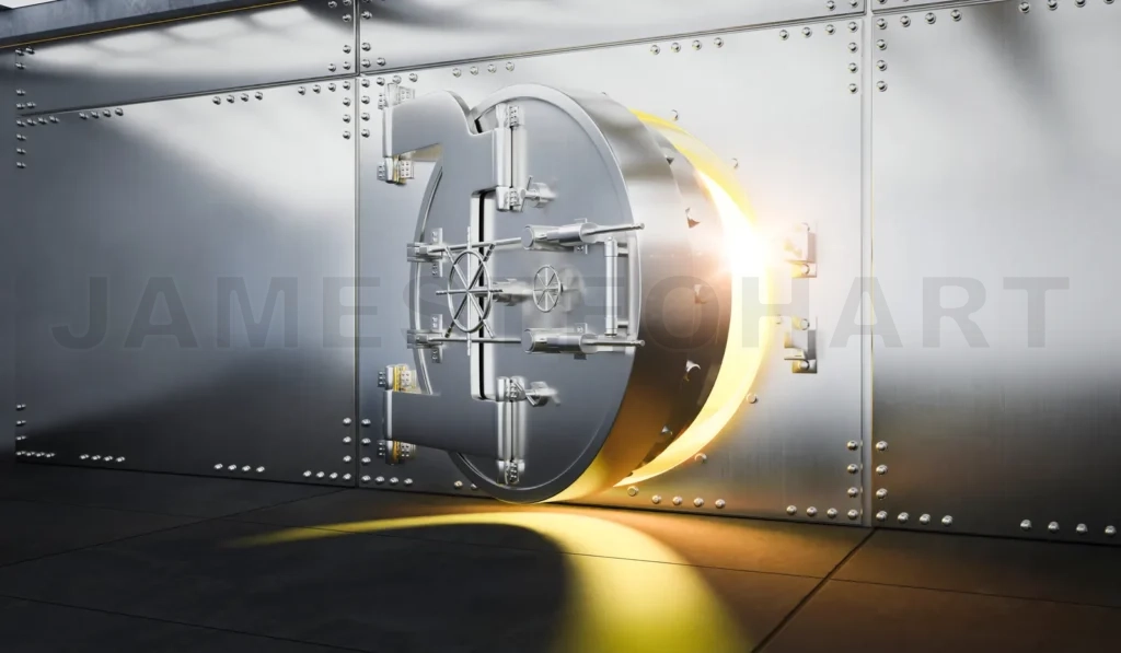 
Open Bank vault door with gold light comes out from inside