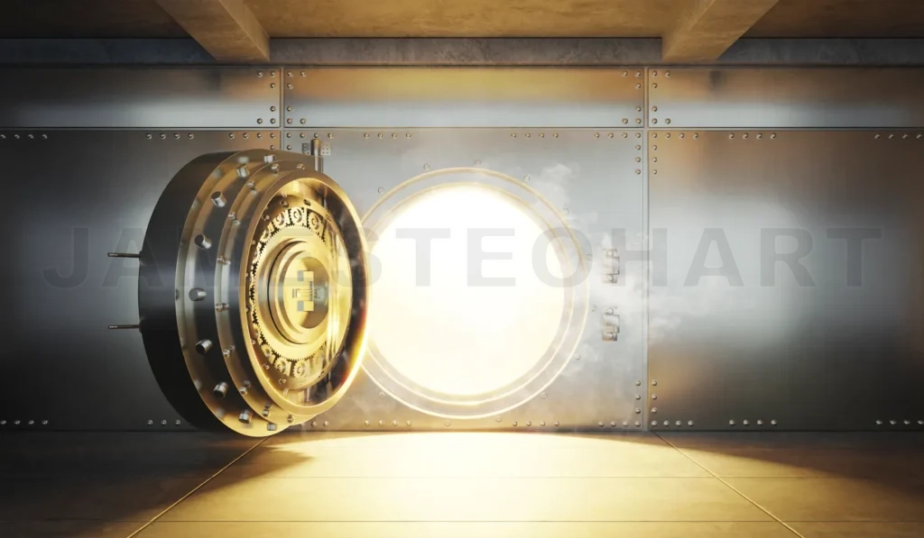 
Open Bank vault door with gold light comes out from inside