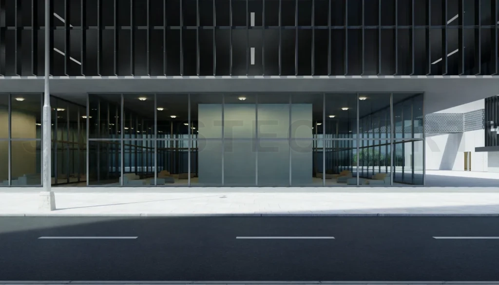 
Roadside street view with office buildings background