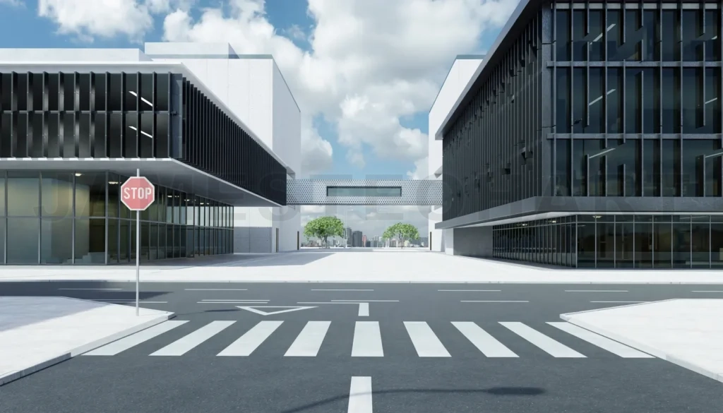 
Urban street with office buildings and modern corporate architec