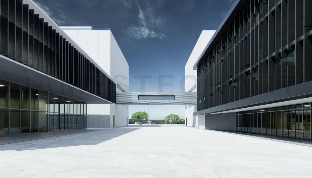 
Empty walkway road and modern office buildings exterior