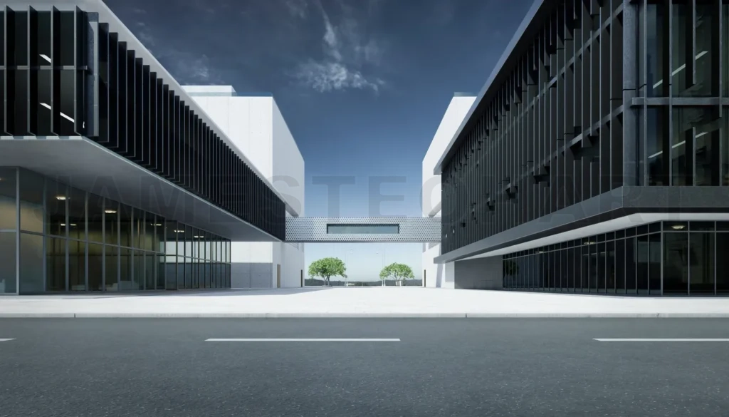 
Roadside street view with office buildings background
