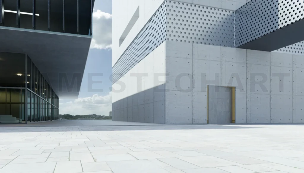 
Empty walkway road and modern office buildings exterior