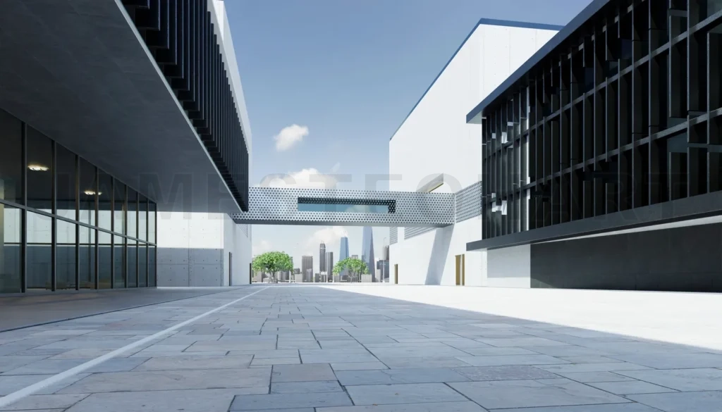 
Empty walkway road and modern office buildings exterior