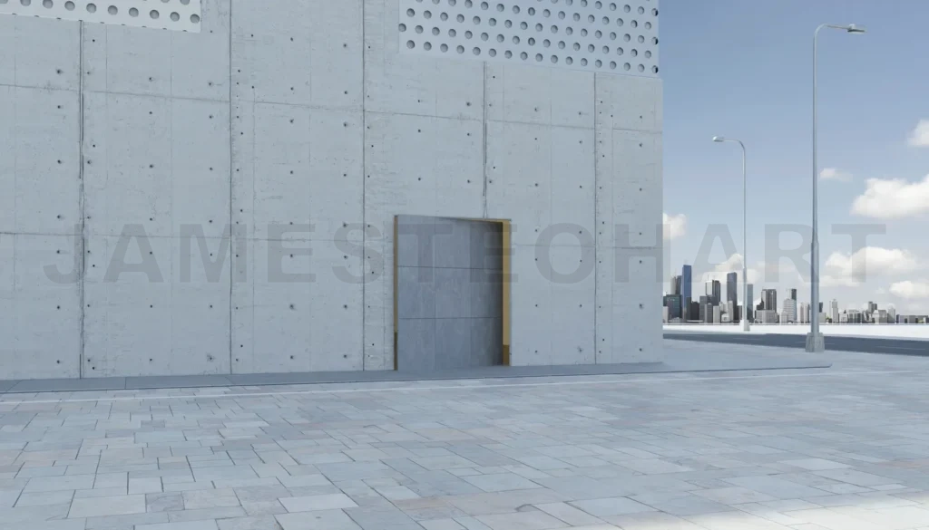 
Empty brick road with modern concrete buildings