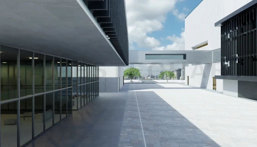 
Empty walkway road and modern office buildings exterior