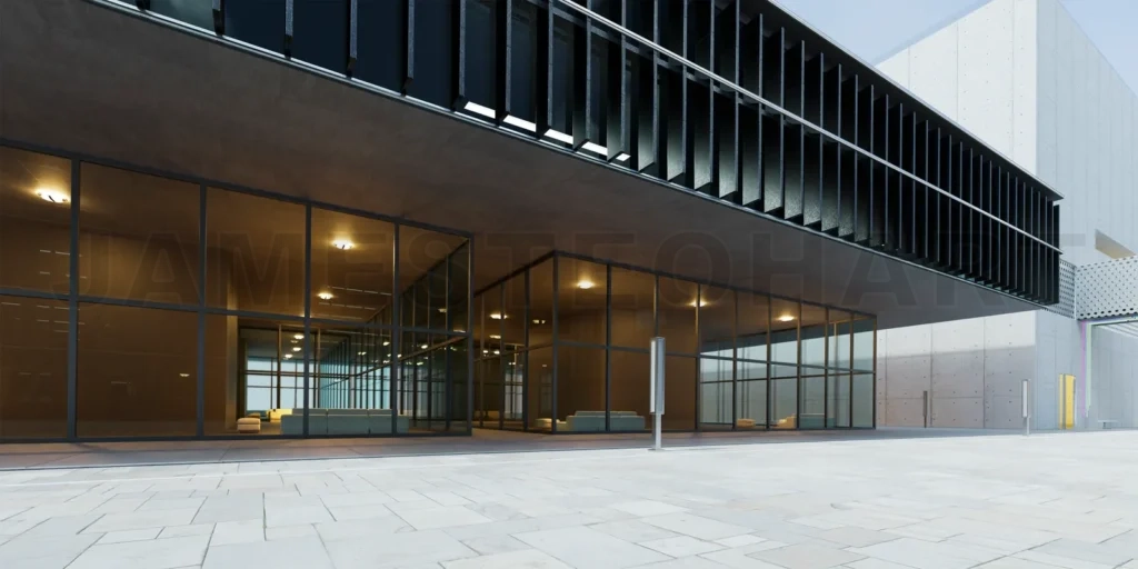 
Empty brick floor and modern office buildings exterior