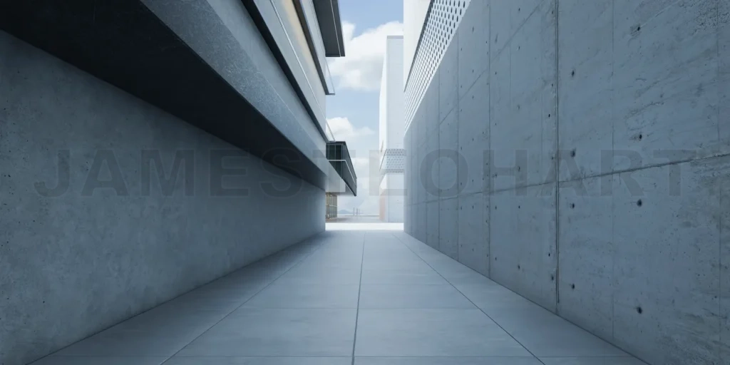 
Outdoor empty corridor with concrete wall exterior.