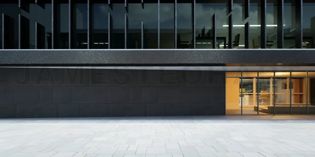 
Modern office building with empty tiles road floor