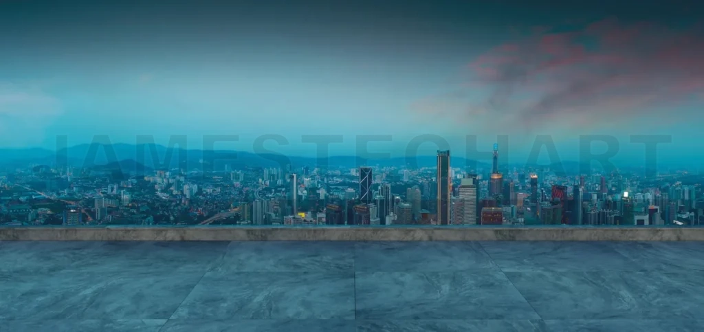 
Panoramic view of empty concrete floor of rooftop with city skyl