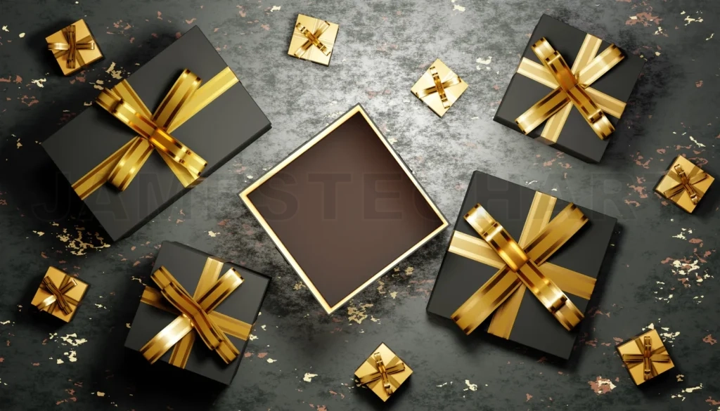
Black gift boxes with golden ribbons on dark background celebrating christmas
